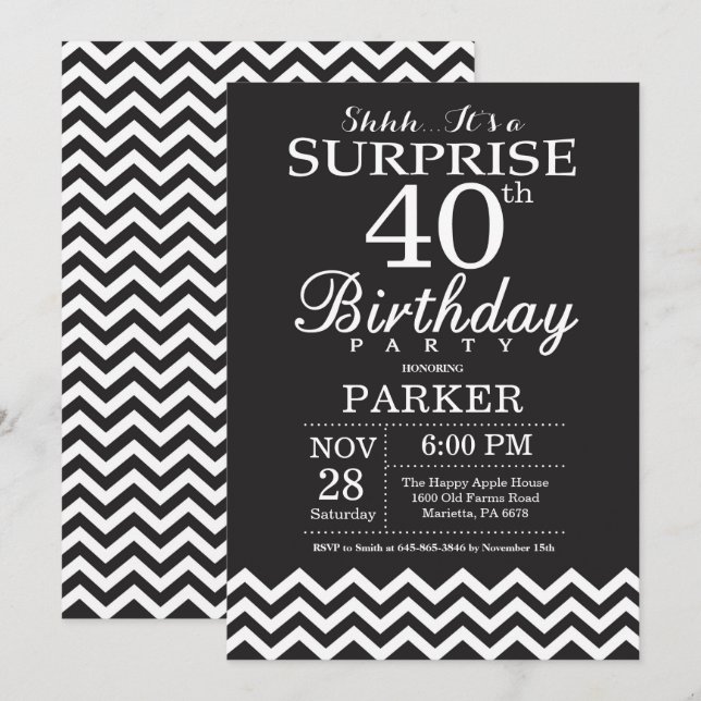 Invitation Surprise 40e Anniversaire Chevron Noir et Blanc (Devant / Derrière)