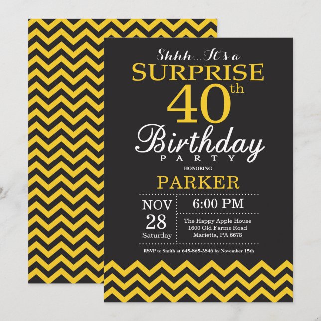 Invitation Surprise 40e anniversaire Chevron noir et jaune (Devant / Derrière)