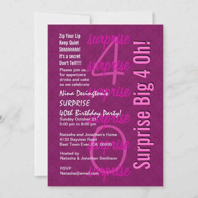 Invitation SURPRISE 40e anniversaire Couleurs de rose F212 (Devant)