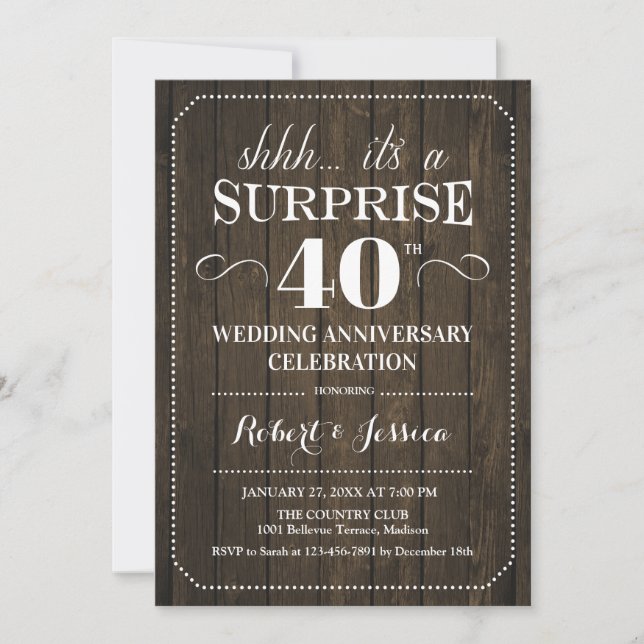 Invitation Surprise 40e anniversaire de mariage - Bois rustiq (Devant)