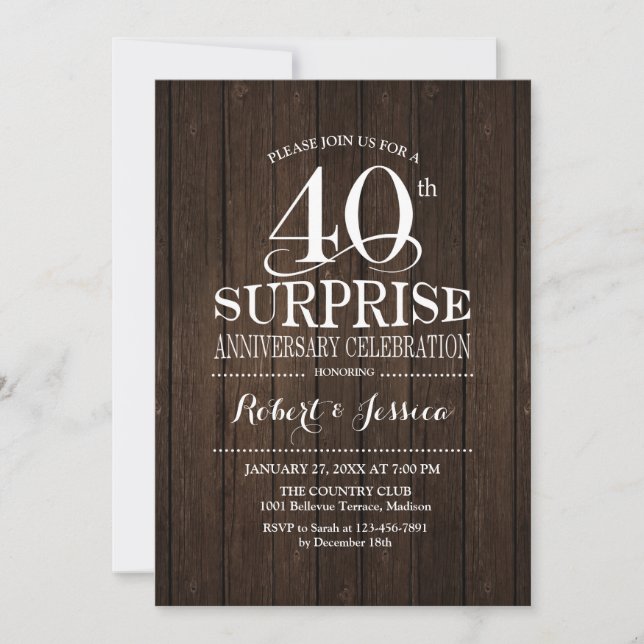 Invitation Surprise 40e anniversaire de mariage en bois (Devant)