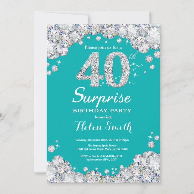 Invitation Surprise 40e anniversaire Diamant Turquoise et Arg (Devant)