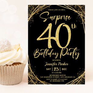 Invitation Surprise 40e anniversaire fête Chic Black & Gold