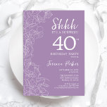 Invitation Surprise 40e anniversaire - Floral Purple<br><div class="desc">Floral Purple Surprise 40e Invitation anniversaire. Le minimaliste design féminin moderne présente des accents botaniques et des caractères typographiques. Carte invitation florale simple parfaite pour une célébration anniversaire surprise femme élégante.</div>