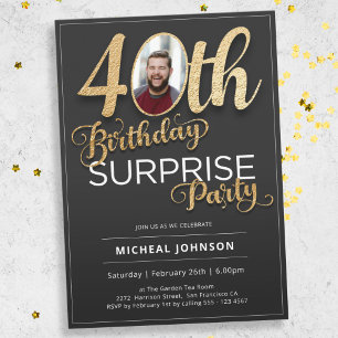 Invitation Surprise 40e anniversaire Gold Black Photo personn