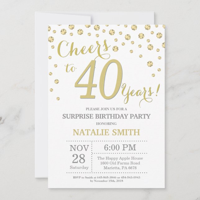 Invitation Surprise 40e anniversaire Gold Parties scintillant (Devant)