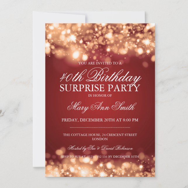 Invitation Surprise 40e anniversaire Gold & Red Sparkling lum (Devant)