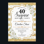 Invitation Surprise 40e anniversaire - Gold White<br><div class="desc">Invitation surprise 40e anniversaire. Design féminin avec parties scintillant d'or faux. Comprend des rayures,  des roses blanches,  des caractères de script et des confettis. Parfait pour une soirée d'anniversaire élégante. Peut être personnalisé pour montrer n'importe quel âge. Message-moi si vous avez besoin d'une personnalisation plus poussée.</div>