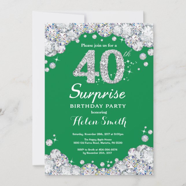 Invitation Surprise 40e anniversaire Green et Silver Diamond (Devant)