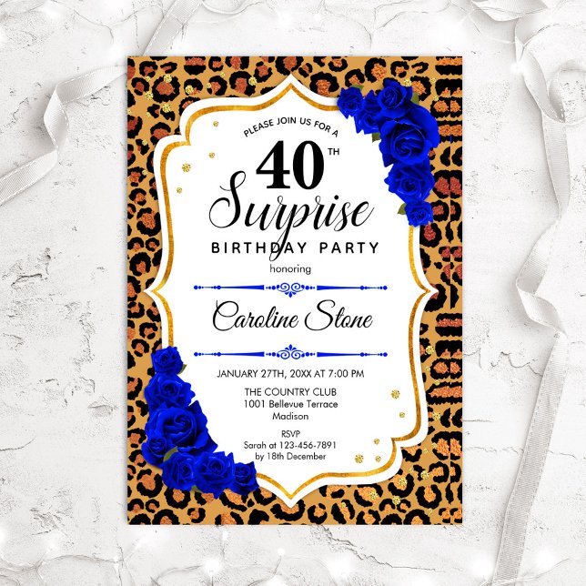 Invitation Surprise 40e anniversaire - Léopard Or Royal Bleu (Créateur téléchargé)