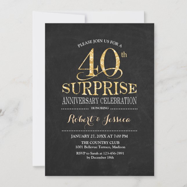 Invitation Surprise 40e anniversaire Mariage Chalkboard Gold (Devant)