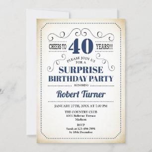 Invitation Surprise 40e anniversaire - Marine bleu blanc noir
