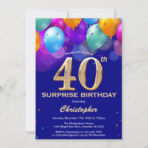 Invitation Surprise 40e anniversaire Marine Bleu et Ballons d