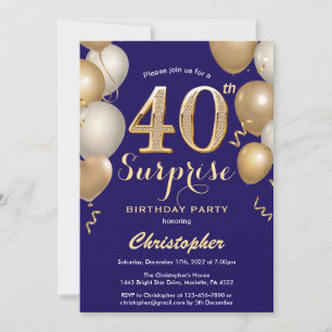 Invitation Surprise 40e anniversaire Marine Bleu et Ballons d