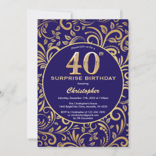 Invitation Surprise 40e anniversaire Marine bleu et or floral