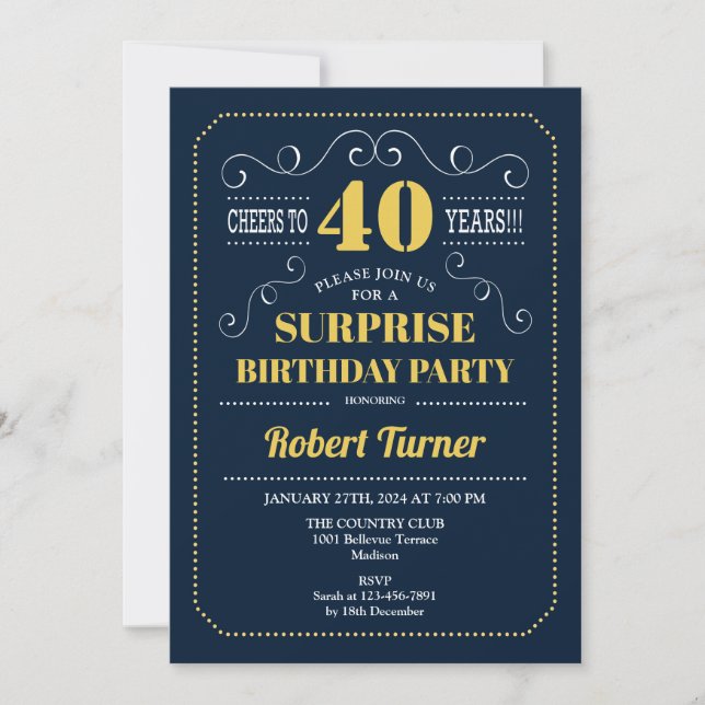 Invitation Surprise 40e anniversaire - Marine Gold (Devant)