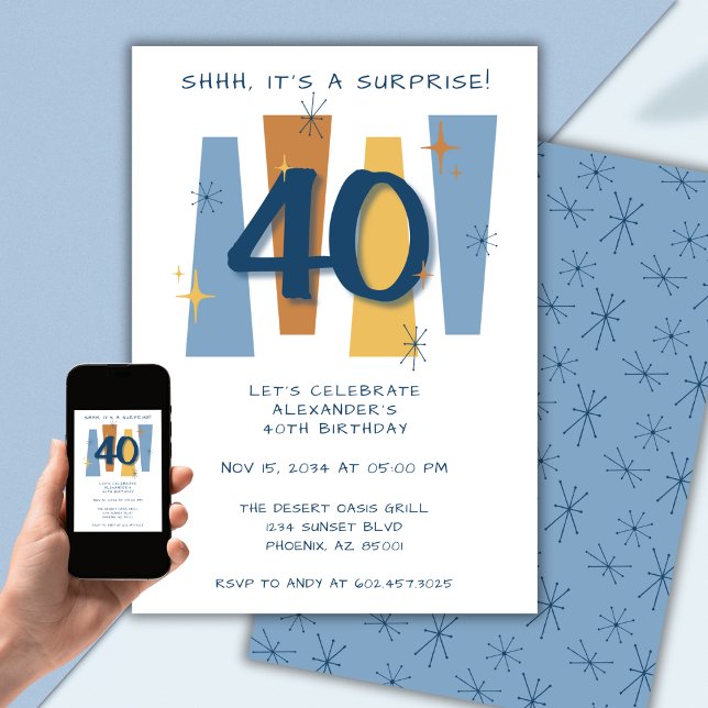 Invitation Surprise 40e anniversaire Midsiècle moderne bleu (Créateur téléchargé)