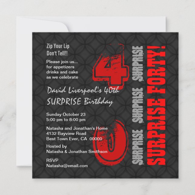 Invitation SURPRISE 40e anniversaire moderne Black Red W588 (Devant)