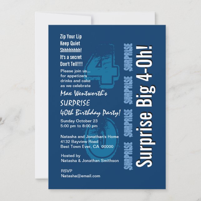 Invitation SURPRISE 40e Anniversaire moderne Bleu et blanc (Devant)