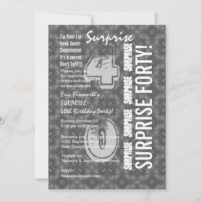 Invitation SURPRISE 40e anniversaire moderne Gris et blanc G3 (Devant)