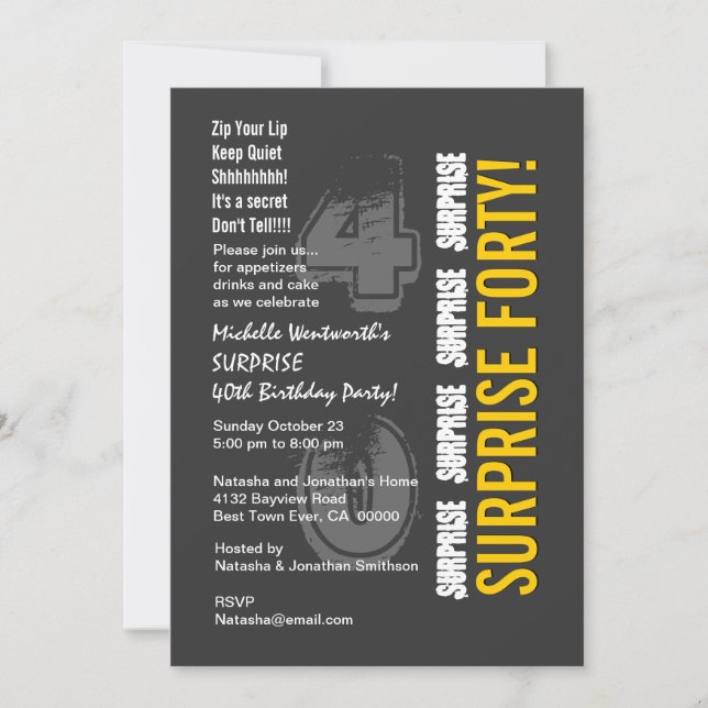 Invitation SURPRISE 40e anniversaire moderne Gris et or (Devant)