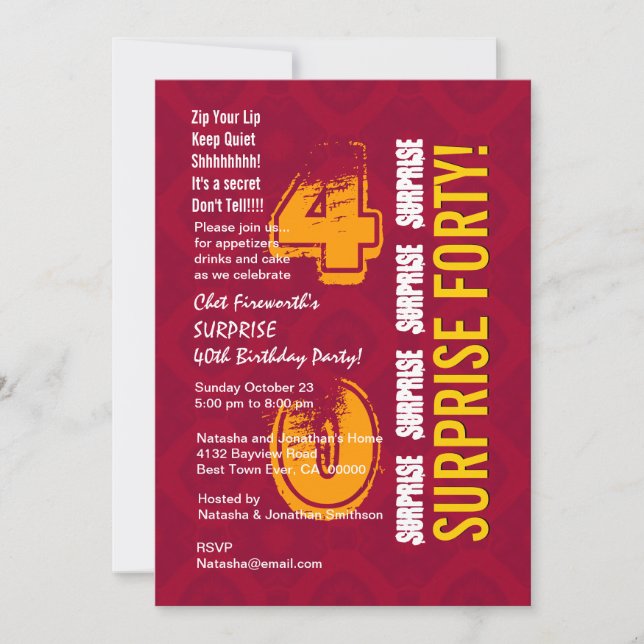 Invitation SURPRISE 40e anniversaire moderne Red and Gold G30 (Devant)