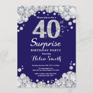 Invitation Surprise 40e anniversaire Navy Blue Silver Diamond