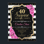 Invitation Surprise 40e anniversaire - Noir blanc rose<br><div class="desc">Invitation surprise 40e anniversaire. Design féminin noir, blanc, rose avec parties scintillant d'or. Comprend des rayures noires et blanches, des roses roses roses, des caractères de script et des confettis. Parfait pour une soirée d'anniversaire élégante. Peut être personnalisé pour montrer n'importe quel âge. Message-moi si vous avez besoin d'une personnalisation...</div>