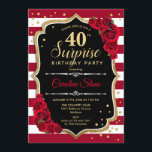 Invitation Surprise 40e anniversaire - Noir Blanc Rouge<br><div class="desc">Invitation surprise 40e anniversaire. Dessin féminin noir, blanc, rouge avec fausse parties scintillant or. Comprend des rayures bordeaux et blanches, des roses rouges, des caractères de script et des confettis. Parfait pour une soirée d'anniversaire élégante. Peut être personnalisé pour montrer n'importe quel âge. Message-moi si vous avez besoin d'une personnalisation...</div>