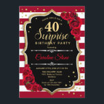 Invitation Surprise 40e anniversaire - Noir Blanc Rouge<br><div class="desc">Invitation surprise 40e anniversaire. Dessin féminin noir, blanc, rouge avec fausse parties scintillant or. Comprend des rayures bordeaux et blanches, des roses rouges, des caractères de script et des confettis. Parfait pour une soirée d'anniversaire élégante. Peut être personnalisé pour montrer n'importe quel âge. Message-moi si vous avez besoin d'une personnalisation...</div>