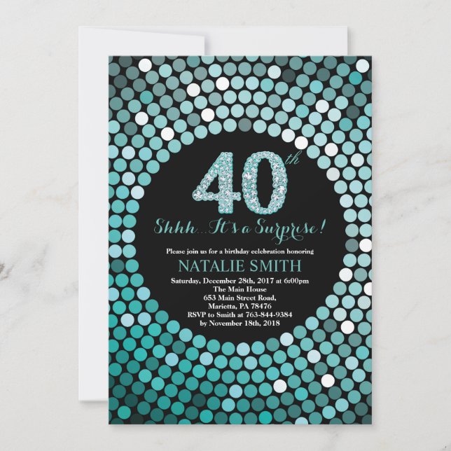 Invitation Surprise 40e anniversaire Parties scintillant noir (Devant)