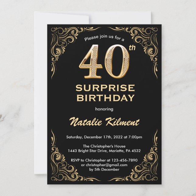 Invitation Surprise 40e anniversaire Parties scintillant Noir (Devant)