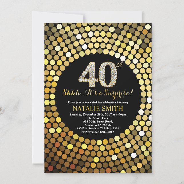 Invitation Surprise 40e anniversaire Parties scintillant noir (Devant)