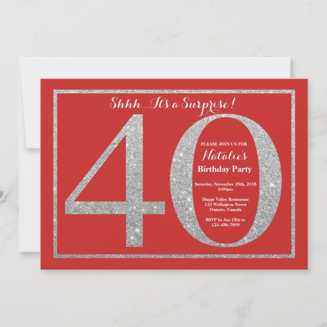 Invitation Surprise 40e anniversaire Parties scintillant roug (Devant)