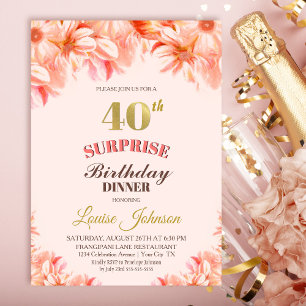 Invitation Surprise 40e anniversaire Pink Gold Floral Dîner