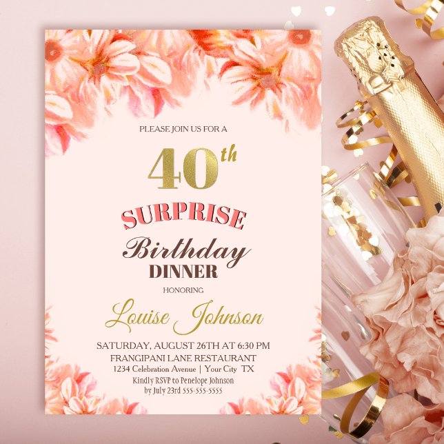 Invitation Surprise 40e anniversaire Pink Gold Floral Dîner (Créateur téléchargé)