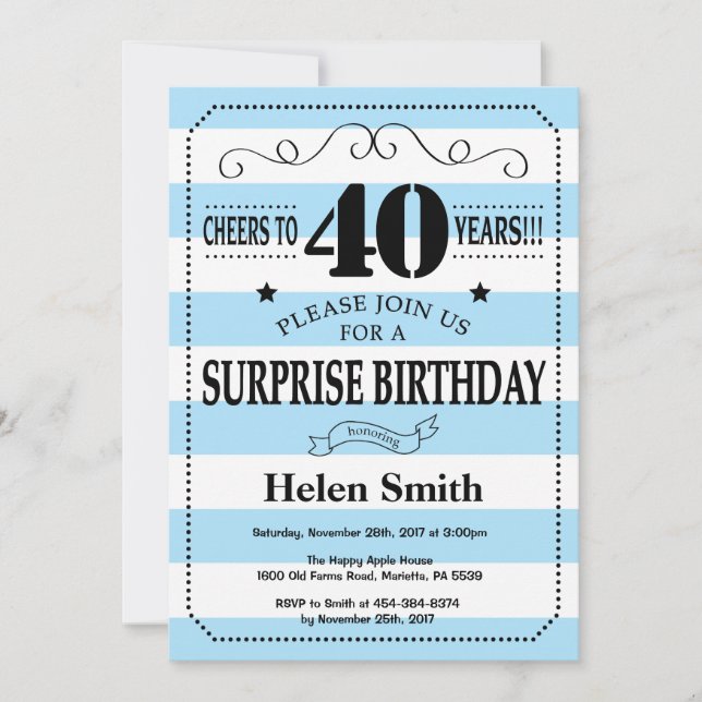 Invitation Surprise 40e Anniversaire Rayures Bleues et Blanch (Devant)