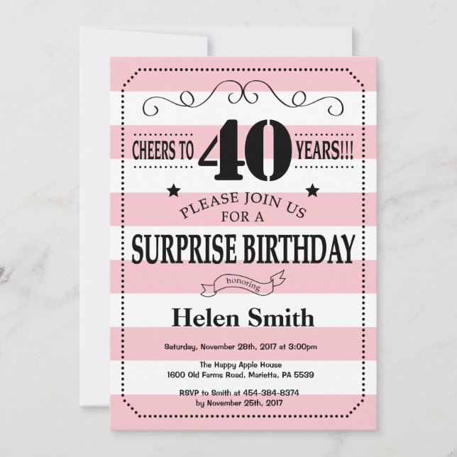 Invitation Surprise 40e anniversaire rayures roses et blanche (Devant)