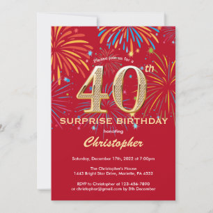 Invitation Surprise 40e anniversaire Red & Gold Rainbow Firew