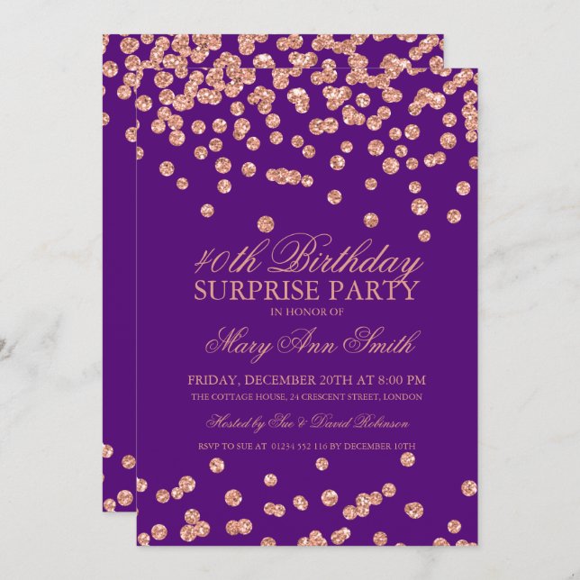 Invitation Surprise 40e anniversaire Rose Gold Parties scinti (Devant / Derrière)