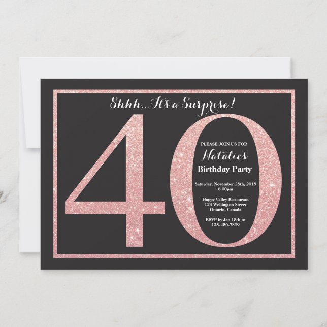 Invitation Surprise 40e anniversaire Rose Pink Gold Parties s (Devant)