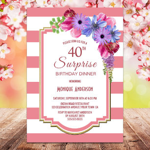 Invitation Surprise 40e anniversaire rose rayé violet fleuri