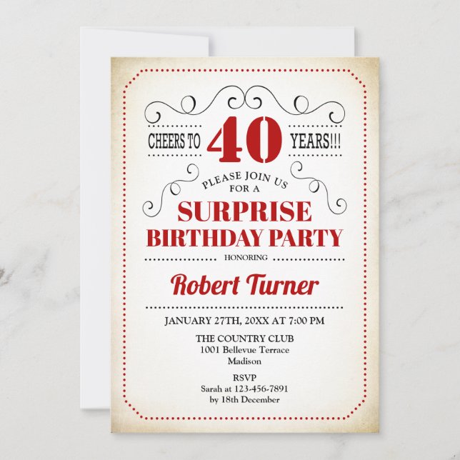 Invitation Surprise 40e anniversaire - Rouge Blanc Noir (Devant)