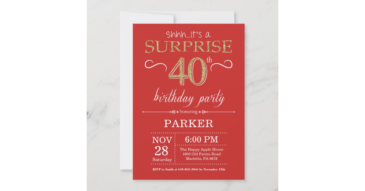 Invitation Surprise 40e Anniversaire Rouge Et Or Zazzle Fr