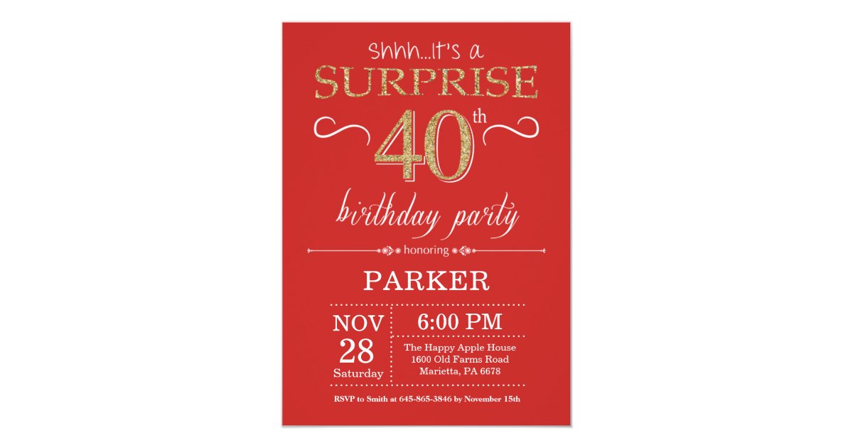 Invitation Surprise 40e Anniversaire Rouge Et Or Zazzle Fr
