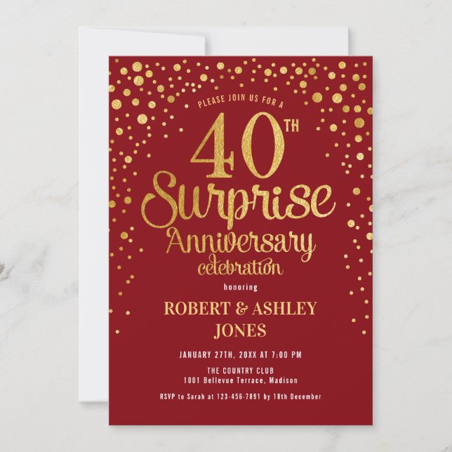 Invitation Surprise 40e anniversaire - Rouge rubis & Or (Devant)