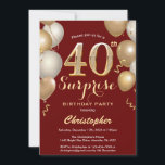 Invitation Surprise 40e anniversaire Sombre Rouge et Or Ballo<br><div class="desc">Surprise 40e anniversaire Dark Red and Gold Balloons Confetti Invitation. Pour plus de personnalisation,  cliquez sur le bouton "Customiser" et utilisez notre outil de conception pour modifier ce modèle.</div>