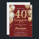 Invitation Surprise 40e anniversaire Sombre Rouge et Or Ballo<br><div class="desc">Surprise 40e anniversaire Dark Red and Gold Balloons Confetti Invitation. Pour plus de personnalisation,  cliquez sur le bouton "Customiser" et utilisez notre outil de conception pour modifier ce modèle.</div>