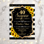 Invitation Surprise 40e anniversaire - Sunflowers Black Gold<br><div class="desc">Invitation surprise 40e anniversaire. Design noir et blanc féminin avec de l'or de parties scintillant faux. Comprend des rayures, des tournesols, des caractères de script et des confettis. Parfait pour une soirée d'anniversaire élégante. Peut être personnalisé pour montrer n'importe quel âge. Message-moi si vous avez besoin d'une personnalisation plus poussée....</div>
