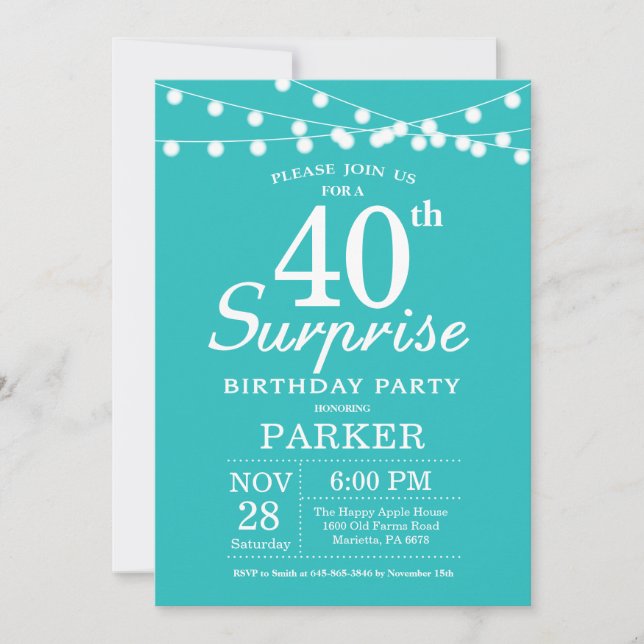 Invitation Surprise 40e anniversaire Turquoise Aqua Turquoise (Devant)